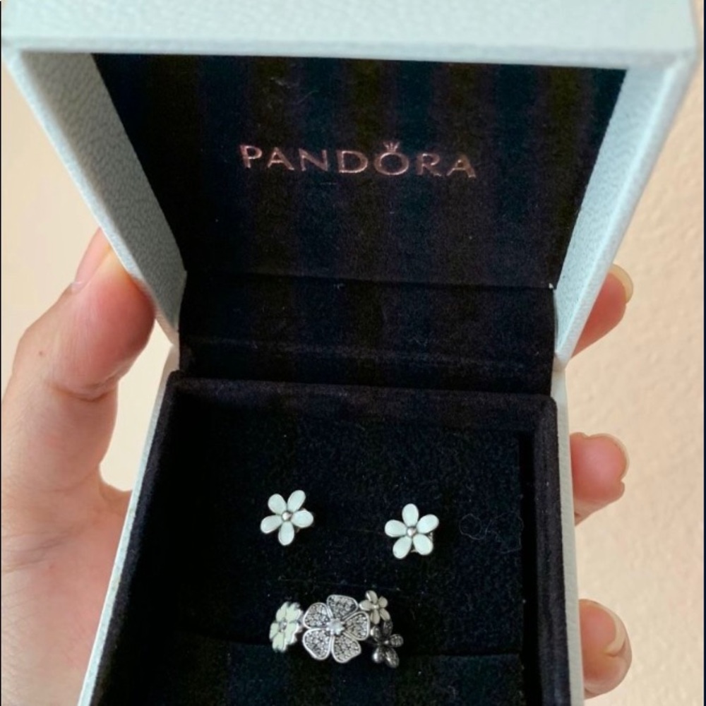Pandora Earrings and ring floral silver set